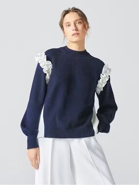 ADEAM Intermix navy white ruffle cotton blend pullover sweater S